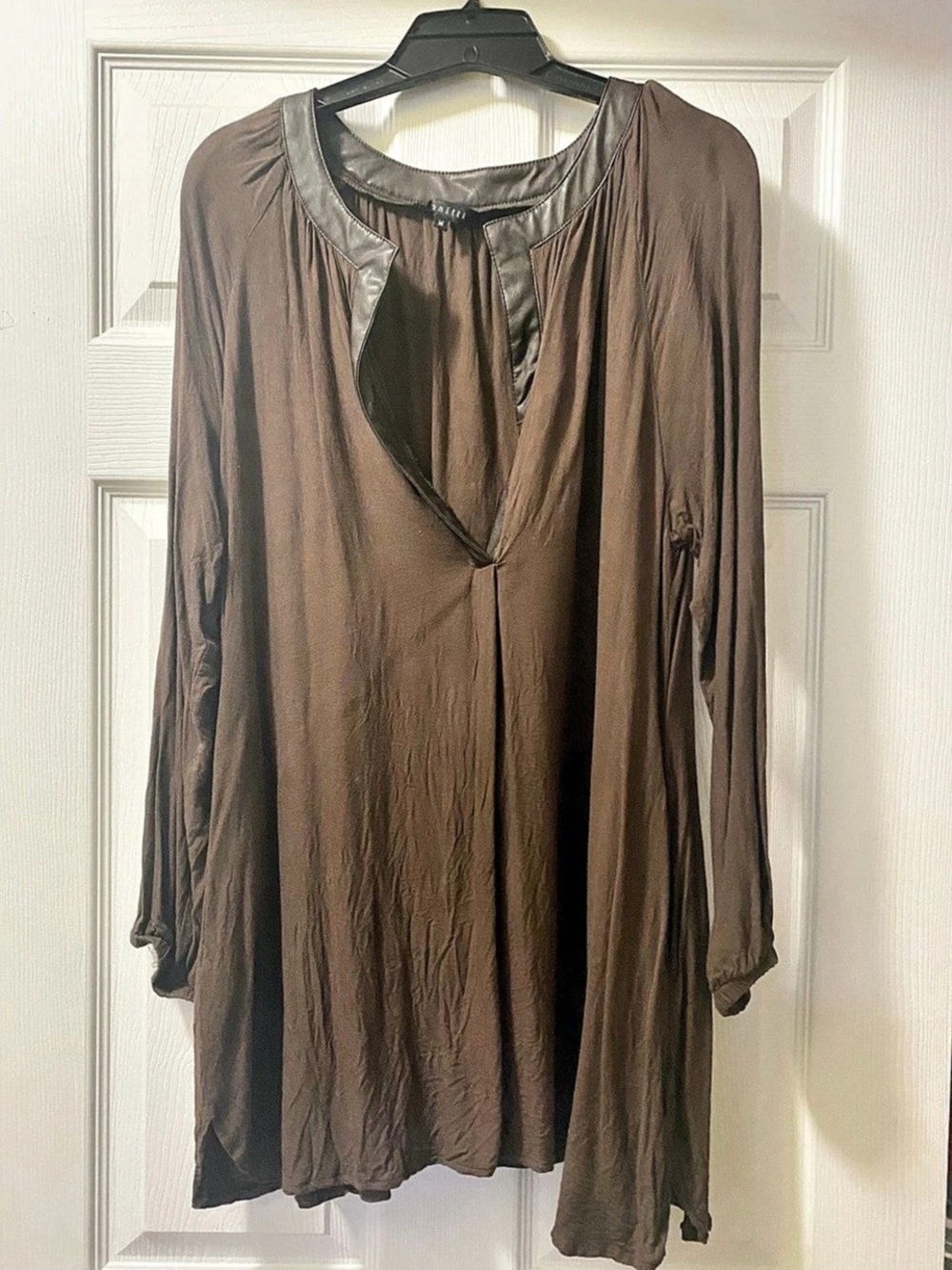 Panitti Brown Blouse with Faux Leather Trim, Sz M